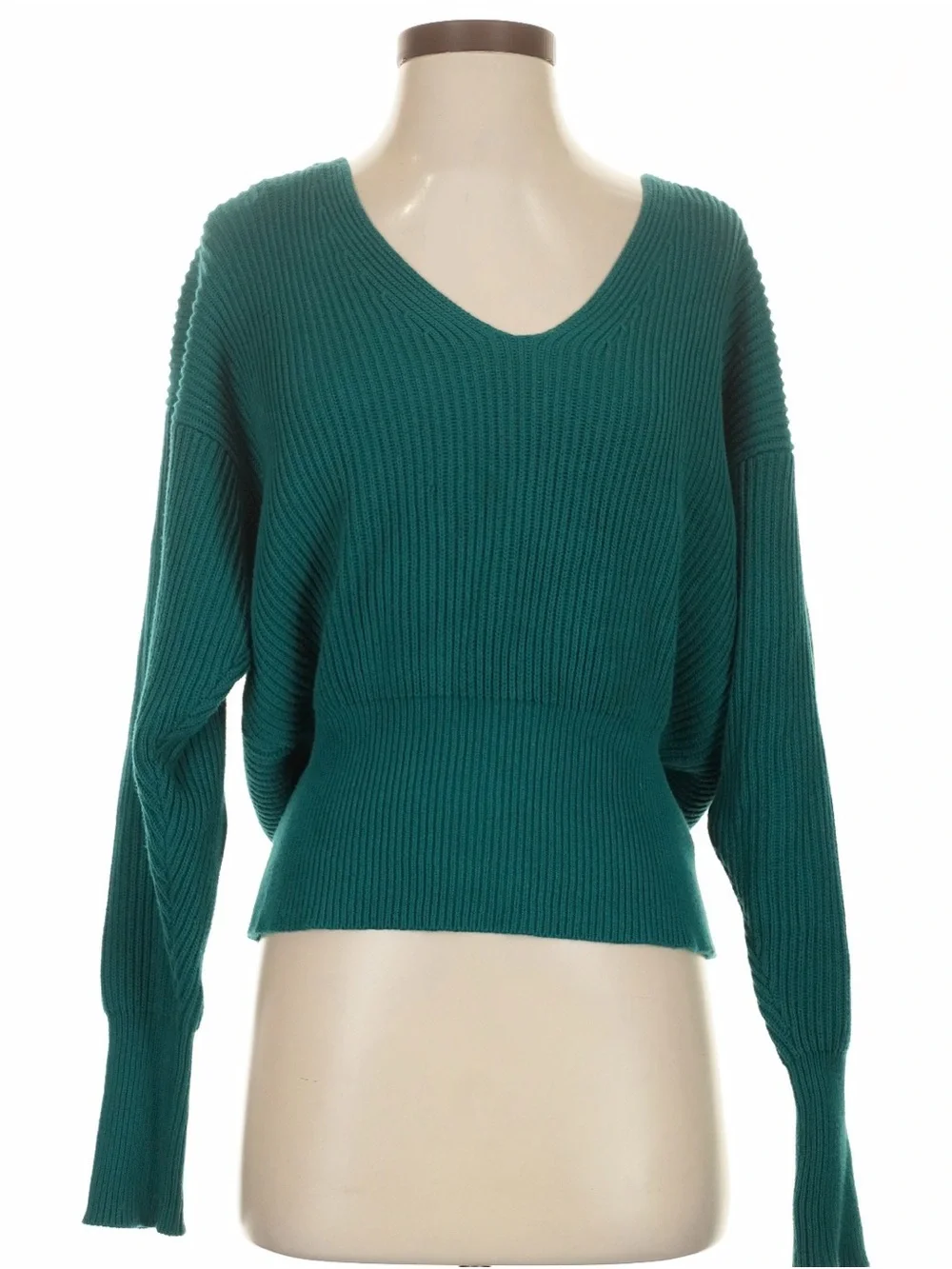 Free People Teal V-Neck Ribbed Sweater
